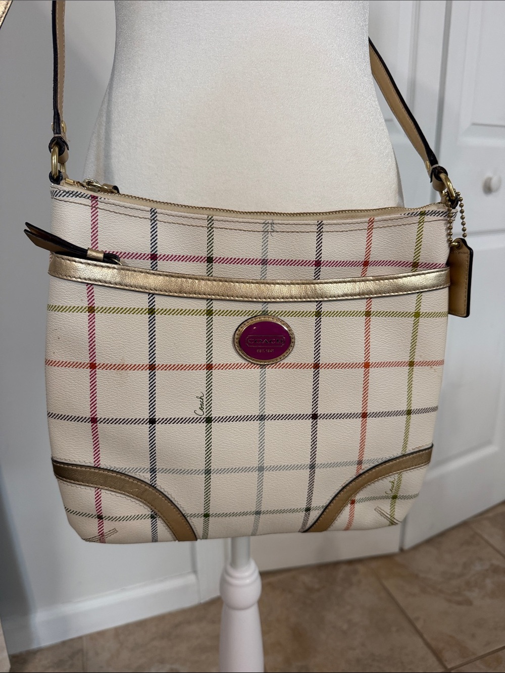 Coach Cream Plaid Crossbody with Multicolor Check & Gold Trim